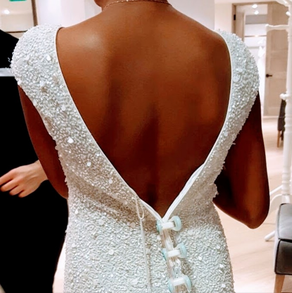 Frascara Wedding Dress White Beaded Sequin Sheath High Neck Low Back Gown - Picture 4 of 7